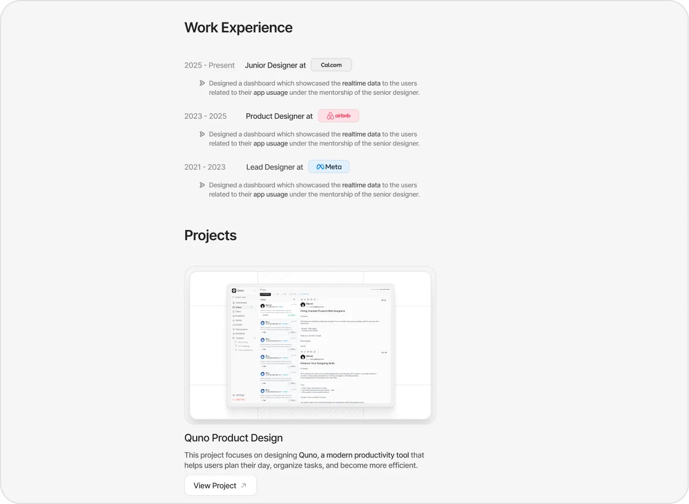 Sidefolio work experience section with company badges and project cards
